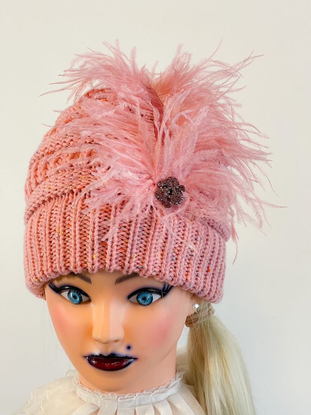 Pink Ostrich Feathers Veil Netted Beanie Hat Pink Jewel Rhinestone Fascinator